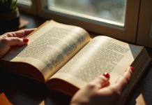 Mains tenant un livre de droit français ancien près d'une fenêtre lumineuse