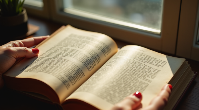 Mains tenant un livre de droit français ancien près d'une fenêtre lumineuse