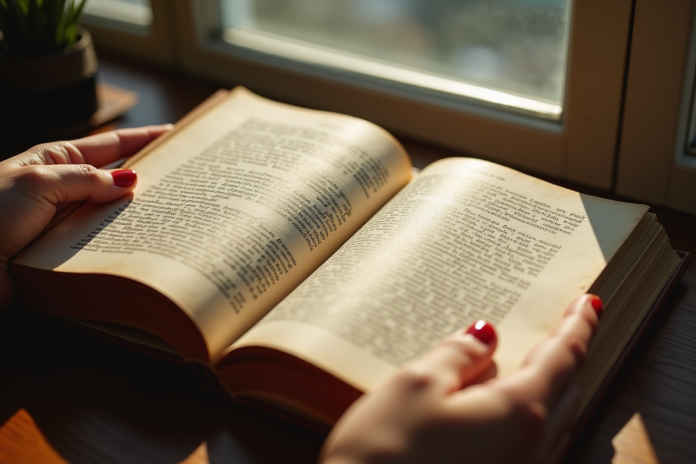 livre-de-droit-francais Mains tenant un livre de droit français ancien près d'une fenêtre lumineuse