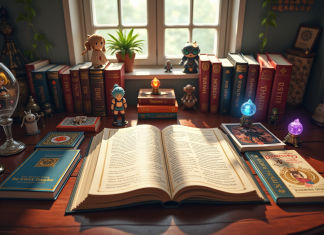 Les arcs hors série de Fairy Tail à ne pas manquer Livres fantasy et manga colorés sur une table en bois avec figurines Fairy Tail