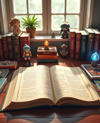 Livres fantasy et manga colorés sur une table en bois avec figurines Fairy Tail