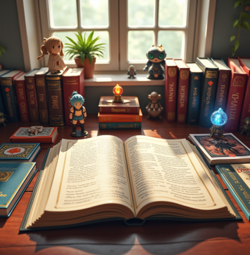 Livres fantasy et manga colorés sur une table en bois avec figurines Fairy Tail