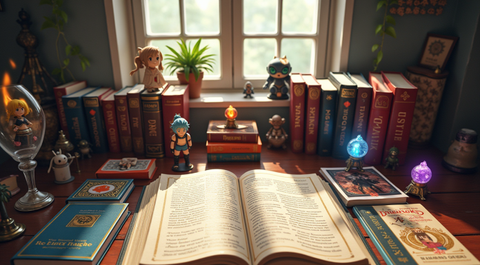 Livres fantasy et manga colorés sur une table en bois avec figurines Fairy Tail