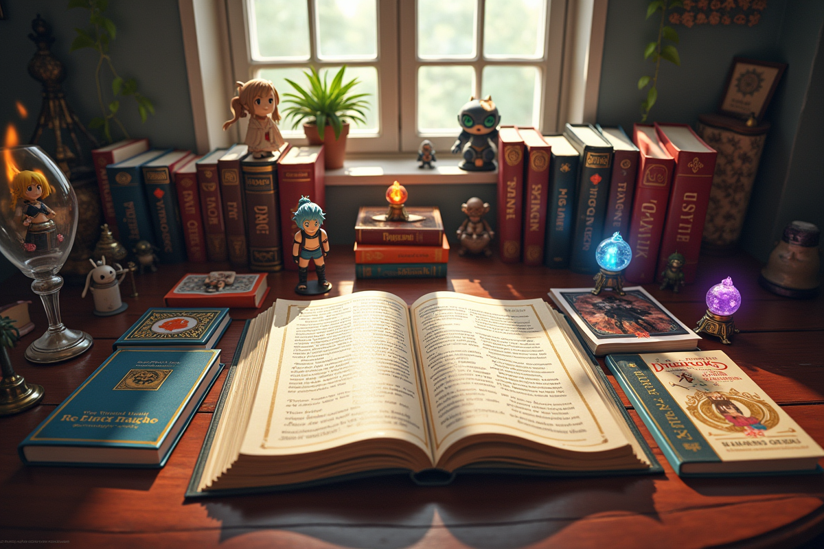 Livres fantasy et manga colorés sur une table en bois avec figurines Fairy Tail