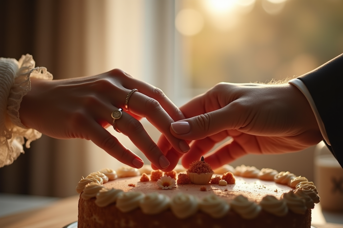 Mains avec alliances sur gateau d anniversaire bronze