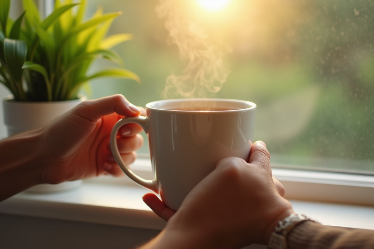 Mains tenant une tasse de tisane près d