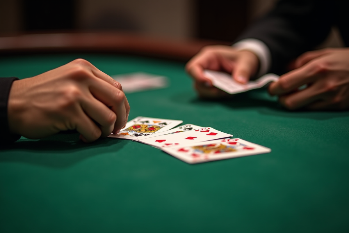 Mains rapprochées organisant une main gagnante de rummy sur une table