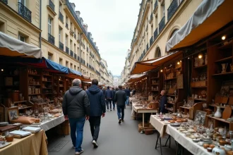 Allée animée du marché aux puces de la Porte de Vanves à Paris avec des brocanteurs et des visiteurs parcourant des objets vintage par un dimanche matin d'automne