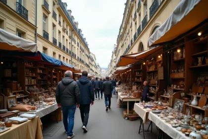 Allée animée du marché aux puces de la Porte de Vanves à Paris avec des brocanteurs et des visiteurs parcourant des objets vintage par un dimanche matin d'automne