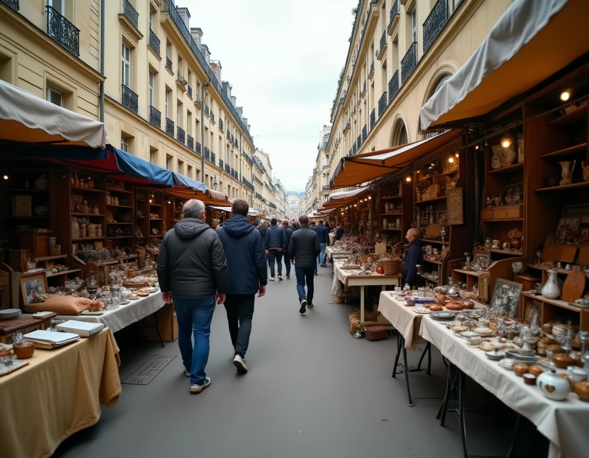 Allée animée du marché aux puces de la Porte de Vanves à Paris avec des brocanteurs et des visiteurs parcourant des objets vintage par un dimanche matin d'automne