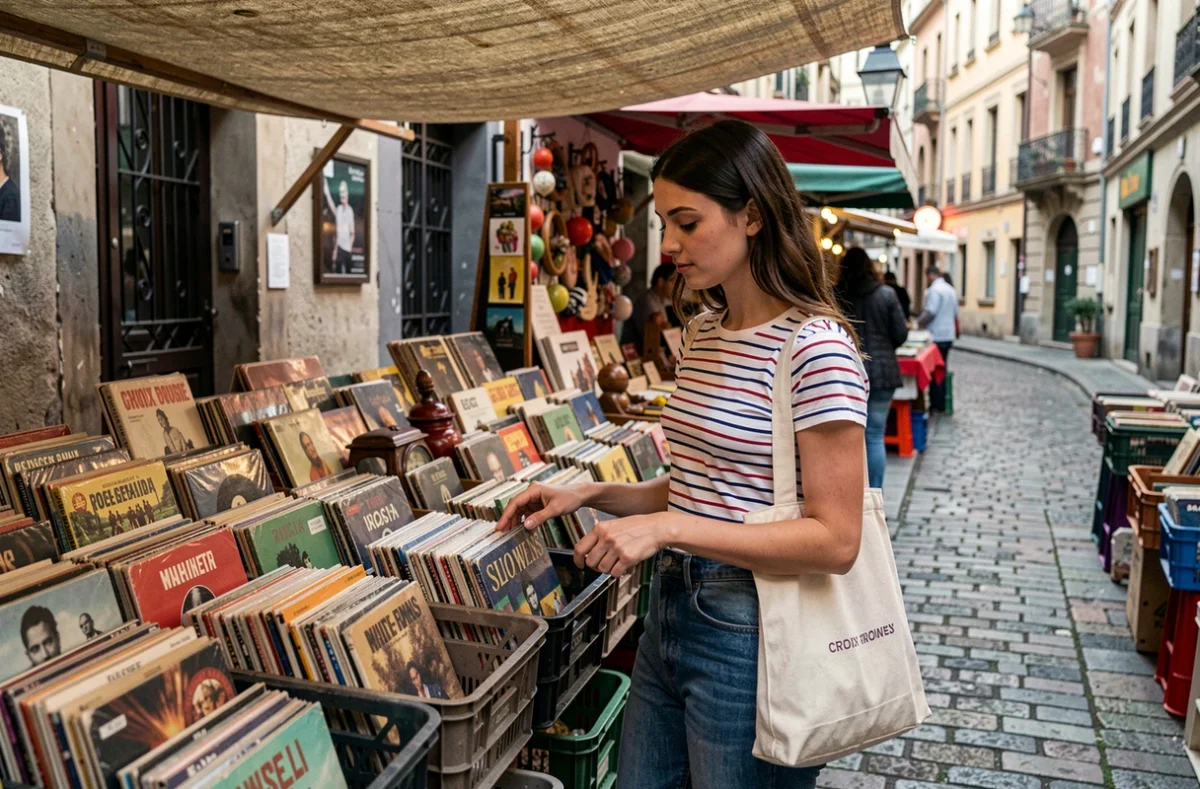 Jeune femme fouillant des disques vinyles sur un marché de la Croix-Rousse à Lyon, sortie culturelle économique en soirée
