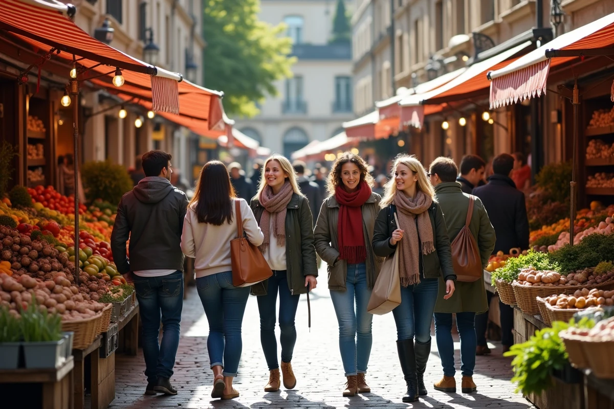 Ambiance animée d'un marché de plein air à Cholet où des habitants se retrouvent et échangent le week-end