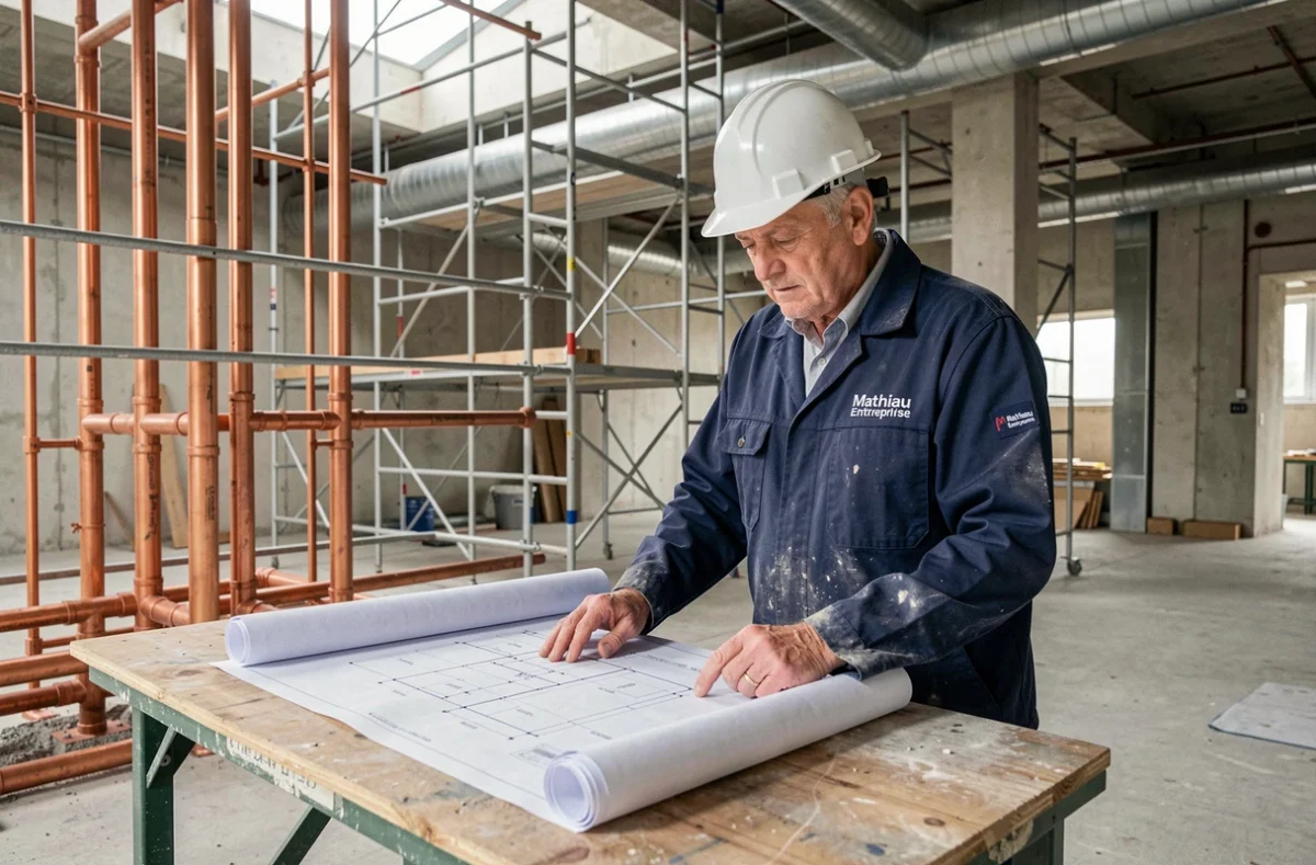 Chef de chantier de Mathieu Entreprise supervisant l'installation de plomberie sur un chantier commercial à Reims