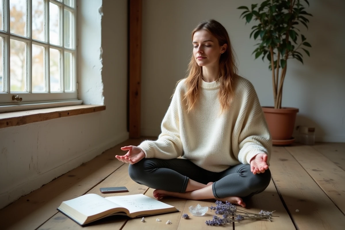 Femme méditant avec un journal de numérologie et un cristal, explorant la signification du 22 20 et la loi d'attraction