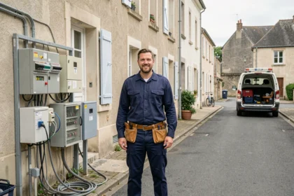 Électricien professionnel en tenue de travail devant une maison dans l'Aisne, symbolisant les meilleurs prestataires électriciens de la région