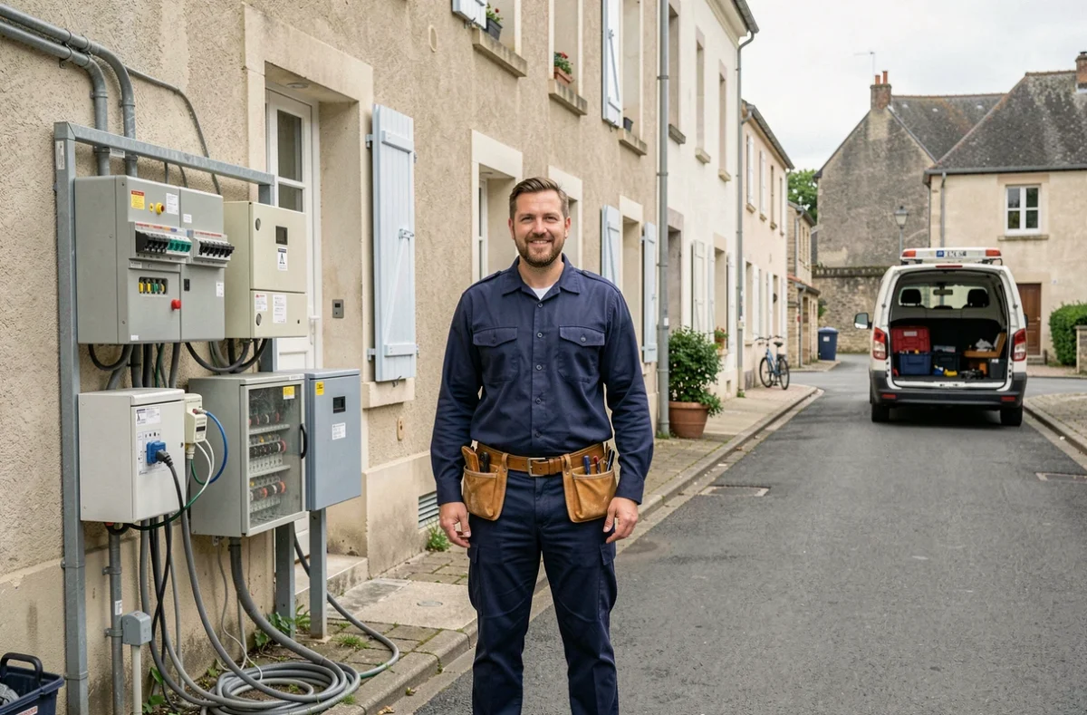 Électricien professionnel en tenue de travail devant une maison dans l'Aisne, symbolisant les meilleurs prestataires électriciens de la région