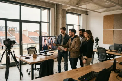 Équipe de vidéastes professionnels en studio à Lyon, région Auvergne-Rhône-Alpes, collaborant autour d'un moniteur de montage vidéo