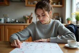 Mère consultant un calendrier papier avec des semaines numérotées pour organiser la garde de ses enfants