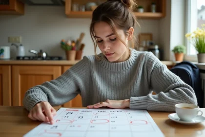 Mère consultant un calendrier papier avec des semaines numérotées pour organiser la garde de ses enfants