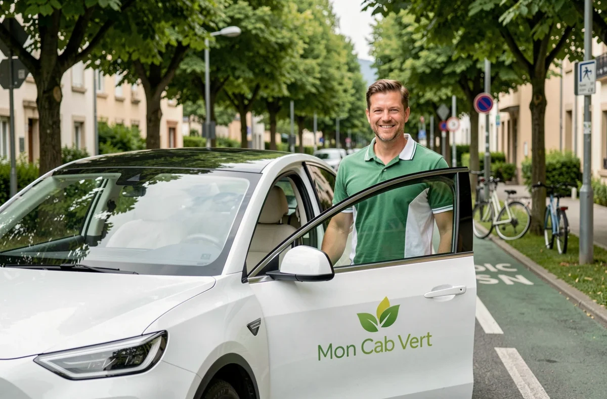 Chauffeur de Mon Cab Vert souriant devant un véhicule électrique blanc dans une rue verdoyante d'Isère