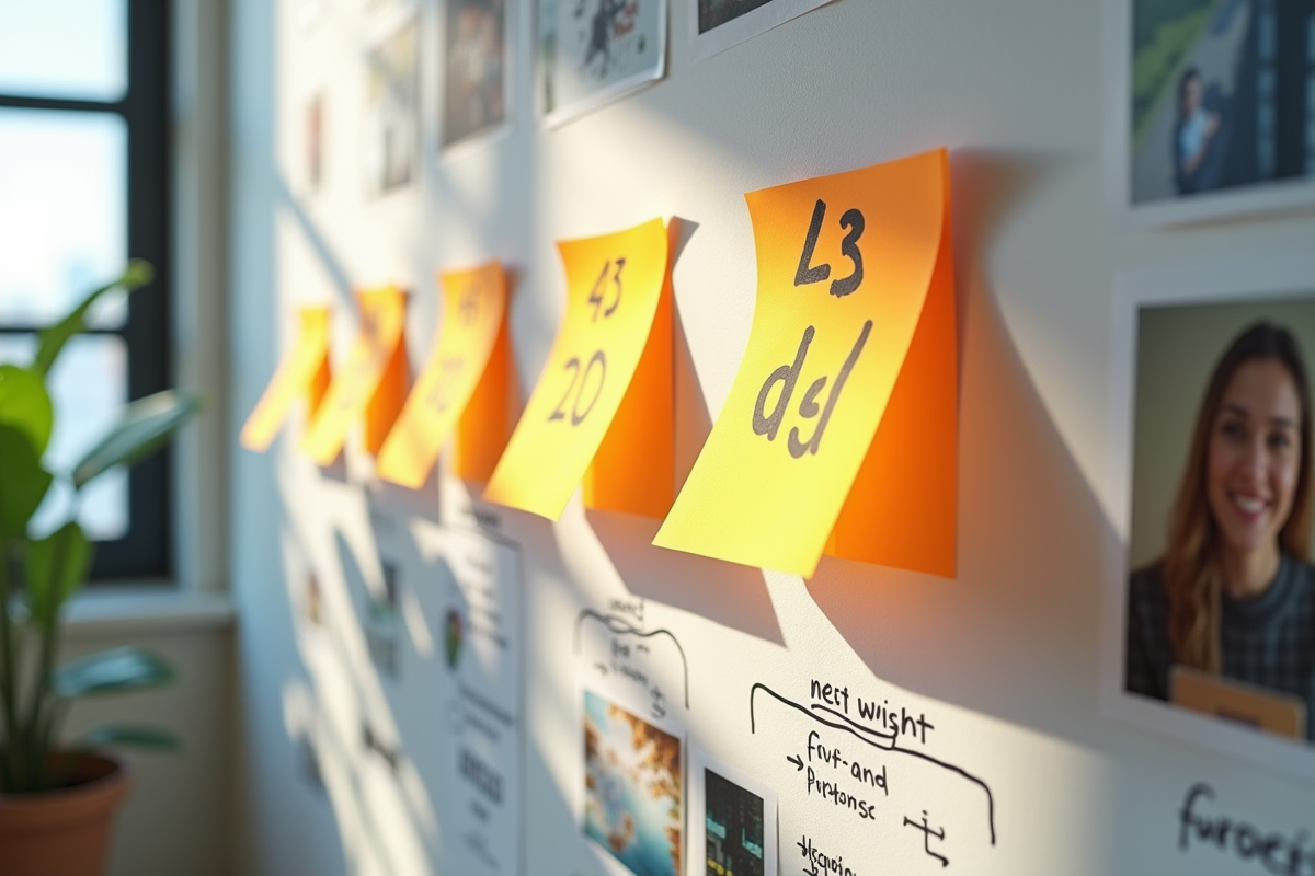 Mur d idees avec notes et diagrammes pour le processus de design