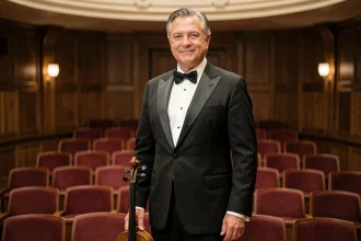 Musicien classique masculin en smoking noir tenant un violon dans une salle de concert élégante