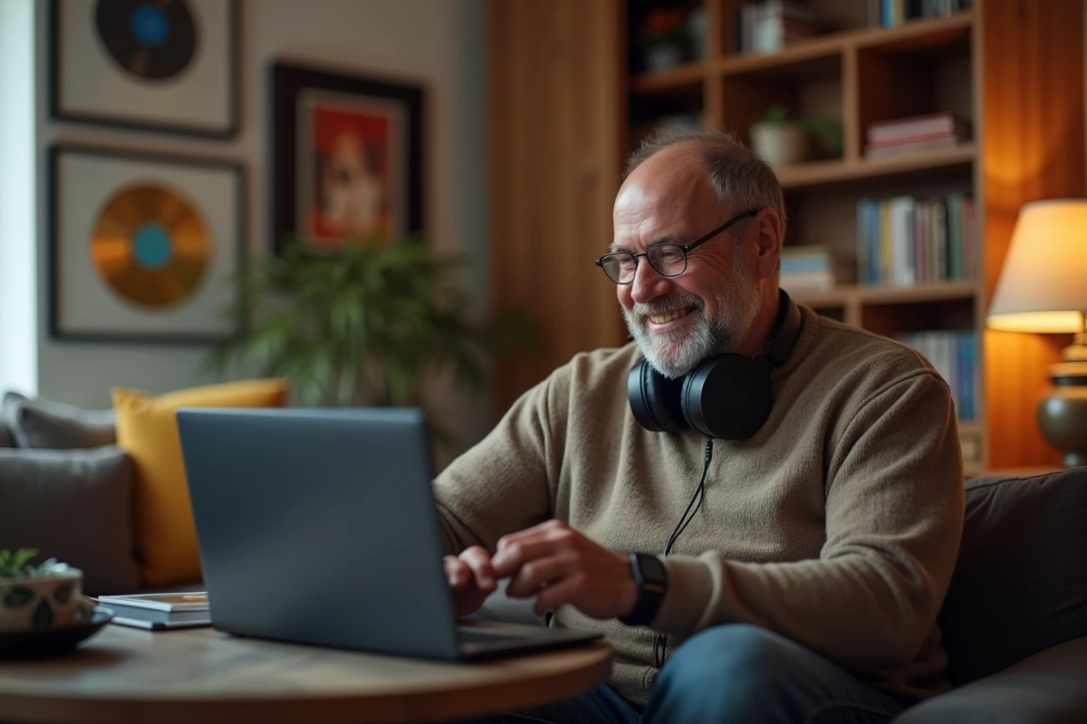 Musicien français moderne dans un salon avec appareils numériques