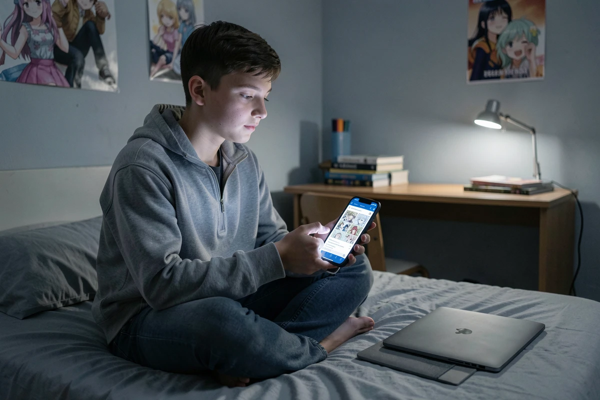 Adolescent consultant un navigateur sécurisé sur smartphone pour lire des mangas en préservant sa vie privée dans sa chambre