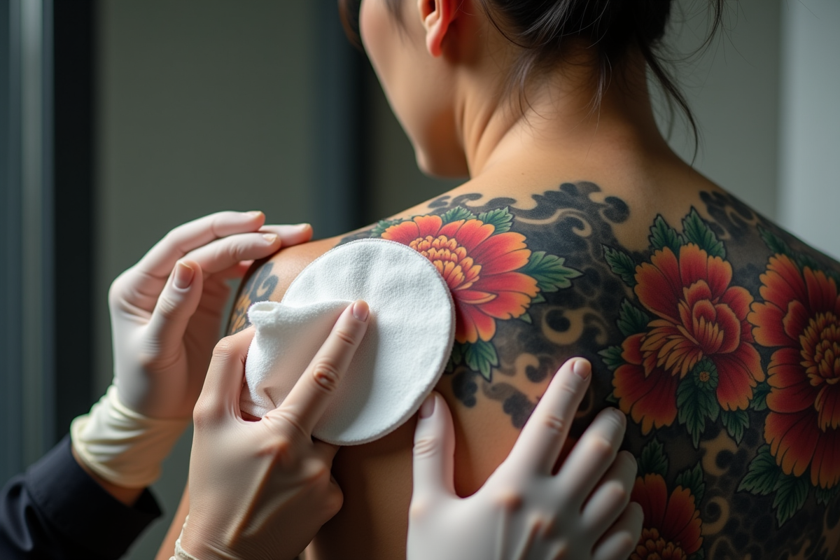 Mains en gants nettoyant un tatouage japonais coloré