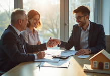 Notaire souriant dans un bureau moderne remettant des documents immobiliers