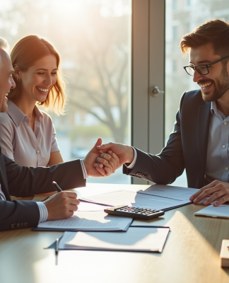 Notaire souriant dans un bureau moderne remettant des documents immobiliers