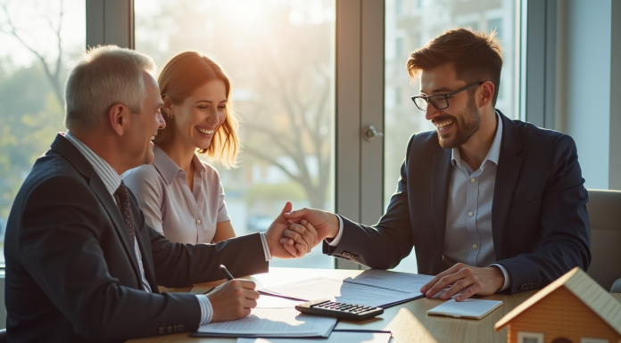 Notaire souriant dans un bureau moderne remettant des documents immobiliers