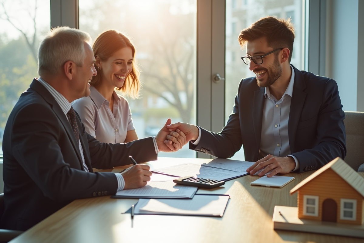 Notaire souriant dans un bureau moderne remettant des documents immobiliers