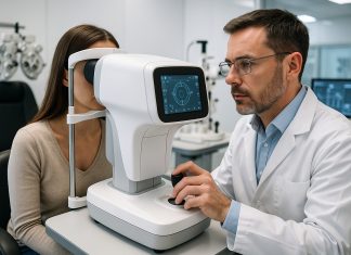 L’impact des nouvelles technologies sur les métiers de l’optique Optométriste utilisant un appareil numérique dans une clinique moderne