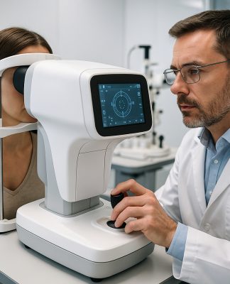 Optométriste utilisant un appareil numérique dans une clinique moderne