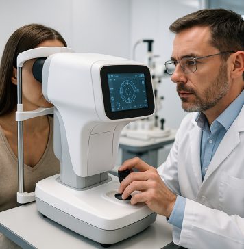 Optométriste utilisant un appareil numérique dans une clinique moderne