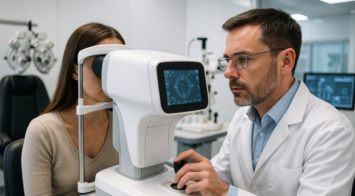 Optométriste utilisant un appareil numérique dans une clinique moderne