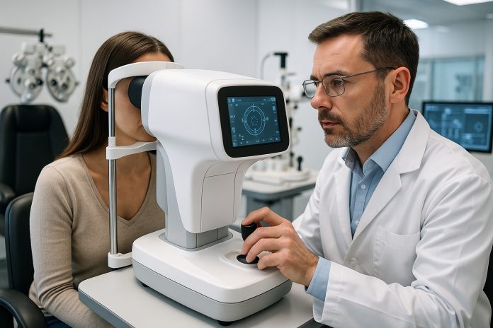 optometre-test-device-clinique Optométriste utilisant un appareil numérique dans une clinique moderne