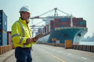 Ouvrier portuaire observant un navire en déchargement