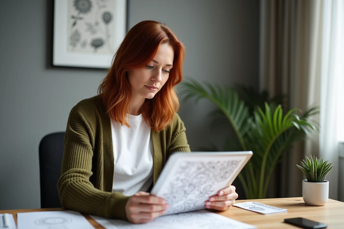 Mère comparant des coloriages imprimés et un coloriage en ligne sur tablette à son bureau à domicile