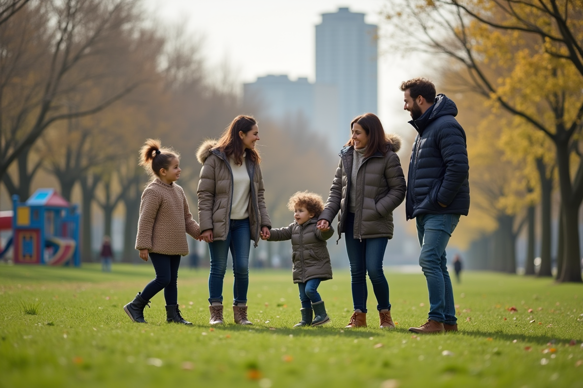 Parents et enfants dans un parc urbain en interaction naturelle