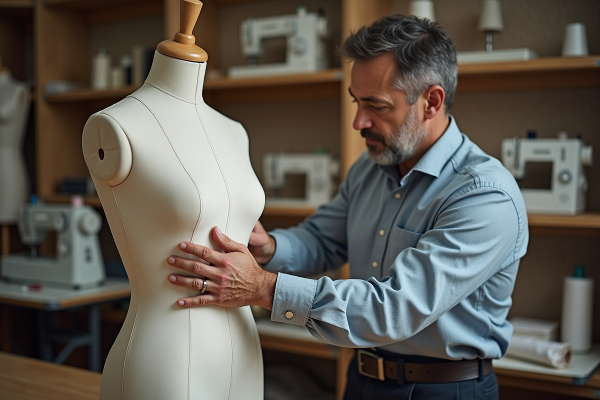 Homme ajustant un prototype de vêtement dans son atelier