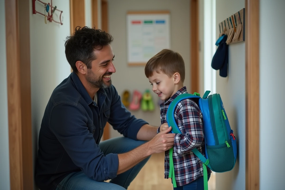 Père aidant son fils à préparer son sac lors d'un échange de garde en semaine impaire