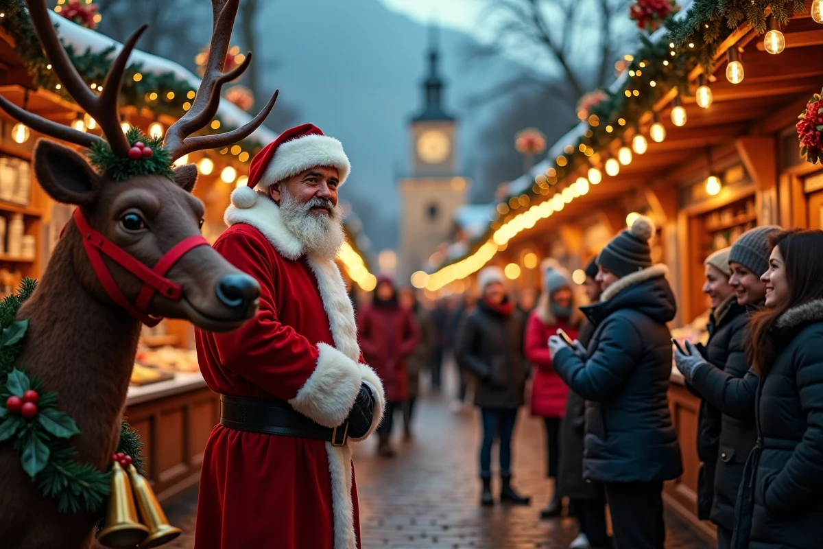 Père Noël et renne décoré dans un marché de Noël animé sous un ciel hivernal