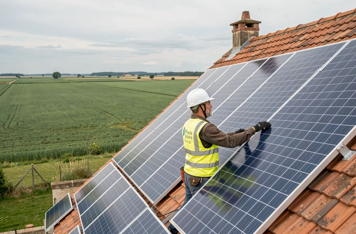 Technicien de Picardie Solaire Énergie posant des panneaux photovoltaïques sur le toit d'une ferme dans l'Aisne