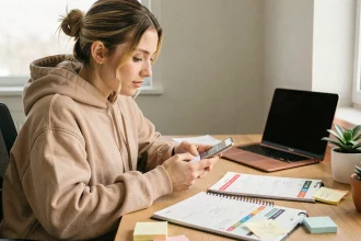 Jeune femme planifiant ses horaires de publication TikTok le vendredi sur son smartphone à son bureau