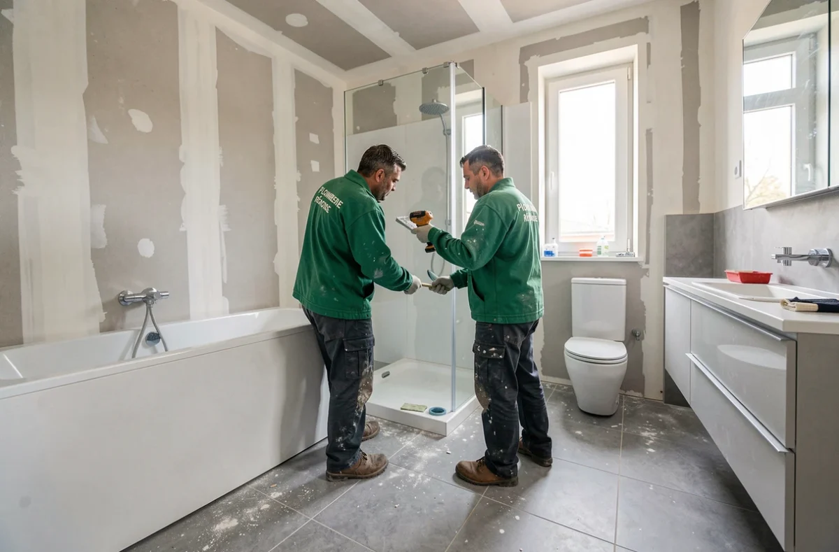 Deux plombiers de Plomberie Rémoise installant une salle de bain complète dans un appartement en rénovation à Reims