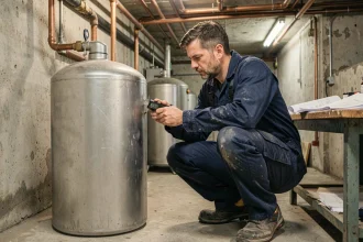 Plombier mesurant le diamètre d'un cylindre métallique pour calculer le volume en m3 dans une salle technique