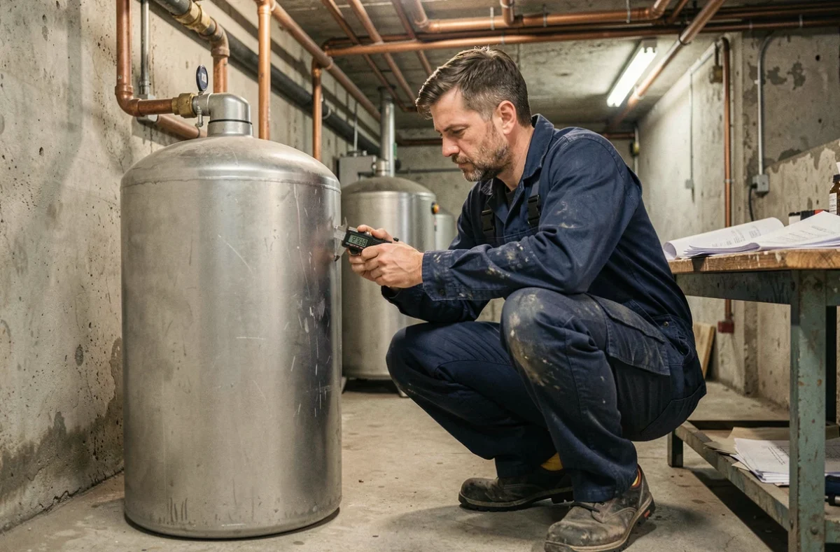 Plombier mesurant le diamètre d'un cylindre métallique pour calculer le volume en m3 dans une salle technique