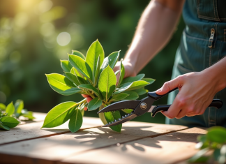 Mains de jardinier préparant un oleander en extérieur